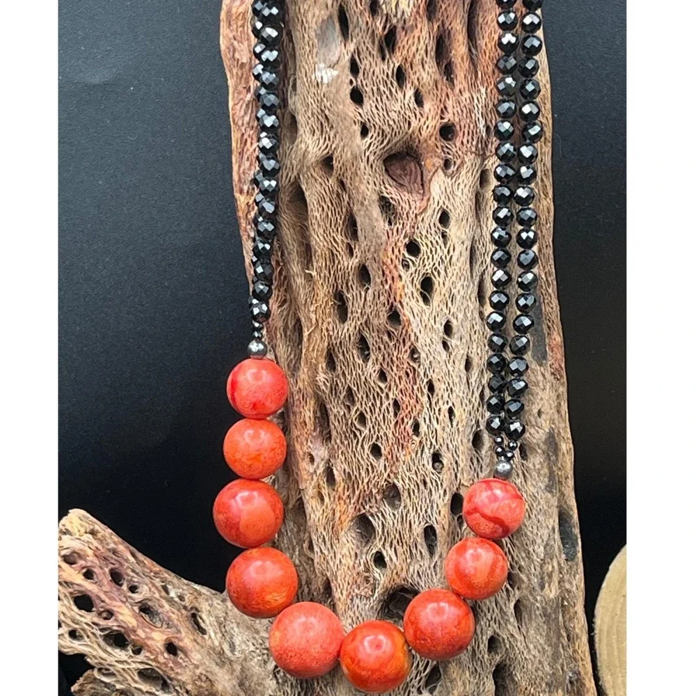 Jay King Desert Rose Trading Orange‎ Sponge Coral Black Spinel bead necklace 925